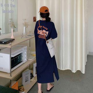 Slit-side Lettering T-shirt Dress Navy Blue - One Size