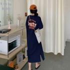 Slit-side Lettering T-shirt Dress Navy Blue - One Size