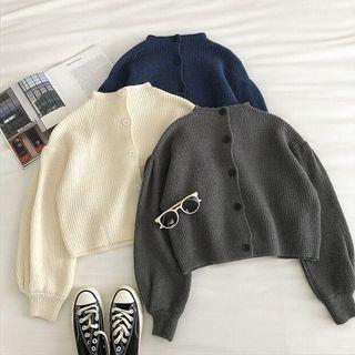 Plain Single-breasted Mock-neck Long-sleeve Cardigan