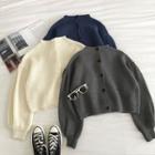 Plain Single-breasted Mock-neck Long-sleeve Cardigan