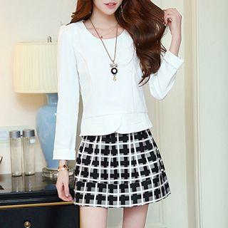 Set: Long-sleeve Top + Check A-line Skirt
