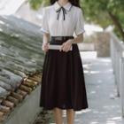 Midi A-line Skirt / Puff-sleeve Collar Blouse / Set
