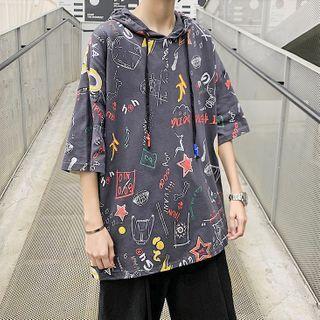 Elbow-sleeve Graphic Print Hooded T-shirt