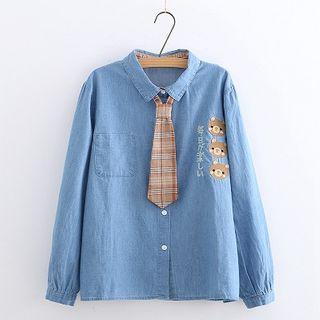 Bear Embroidered Denim Shirt Blue - One Size