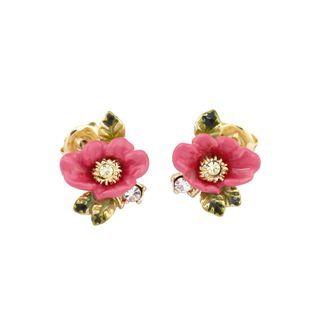 Fashion And Elegant Plated Gold Enamel Red Flower Cubic Zirconia Stud Earrings Golden - One Size