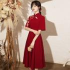 Short-sleeve Floral Embroidered Midi A-line Qipao Dress