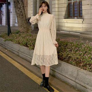 Long-sleeve Lace Mock-neck Midi A-line Dress