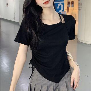 Short-sleeve Mock Two-piece Asymmetrical Drawstring T-shirt