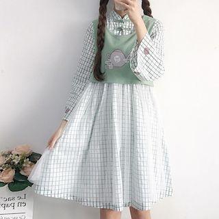 Mock Two-piece 3/4-sleeve Plaid A-line Dress Green - One Size