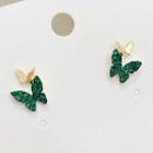 Rhinestone Butterfly Earring 1 Pair - Silver Stud - Gold & Green - One Size