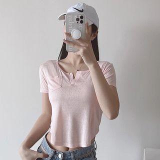 Short-sleeve Scoop Hem Linen Top