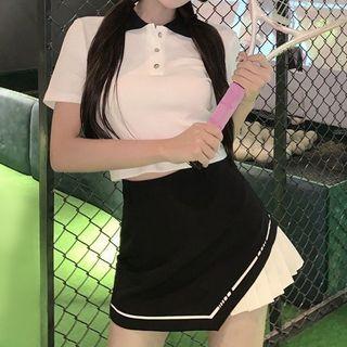 Short-sleeve Cropped Polo Shirt / Asymmetrical Pleated Mini Skirt