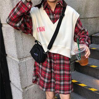 Cropped Vest / Long-sleeve Plaid Shirt Dress
