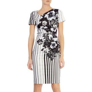 Flower Print Striped Short-sleeve Sheath Dress