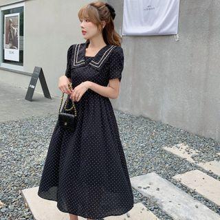 Short-sleeve Dotted Wide-collar A-line Midi Dress