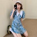 Set: Puff-sleeve Collared Floral Print Mini A-line Dress + Crossbody Bag