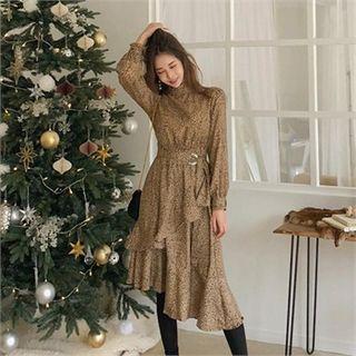 Belted Ruffled Leopard Chiffon Dress Brown - One Size