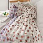 Boatneck Strawberry-print Smocked Midi Dress