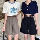 Set: Plain High-waist Dress Shorts + Belt