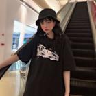 Elbow-sleeve Cartoon Print T-shirt Black - One Size