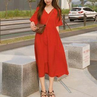 Short-sleeve Sailor-collar A-line Midi Dress