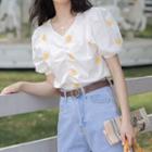Puff-sleeve Shirred-front Flower Print Cropped Top