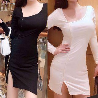 Buttoned Long Sleeve Slit Sheath Mini Dress