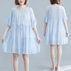Plain Round-neck Short-sleeve Dress Blue - L