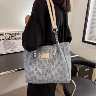 Floral Print Faux Pearl Chained Tote Bag