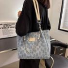 Floral Print Faux Pearl Chained Tote Bag