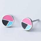 925 Sterling Silver Color Panel Ear Stud 1 Pair - S925 Silver - Circle - Pink & Black & Blue - One Size
