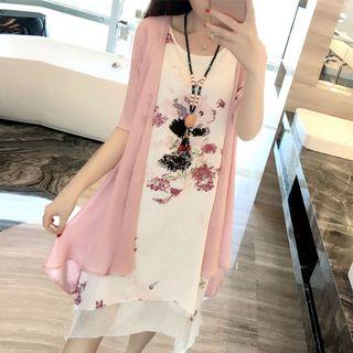 Set: Elbow-sleeve Light Jacket + Floral Midi Tank Dress