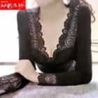Lace Panel V-neck Long-sleeve T-shirt