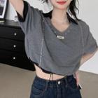 Elbow-sleeve V-neck Chained Crop Top Gray - One Size