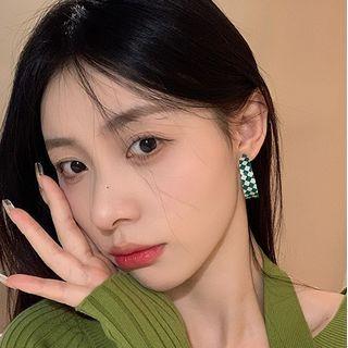 Checkerboard Half-hoop Earring 1 Pair - Green & White - One Size