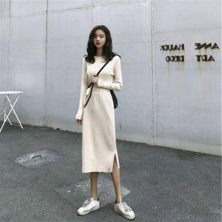 Drawstring-waist Slit Midi A-line Knit Dress