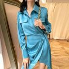Tie-waist Silky Sheath Shirtdress