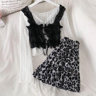 Ruffle Trim Sleeveless Top / Lace Top / Leopard A-line Skirt