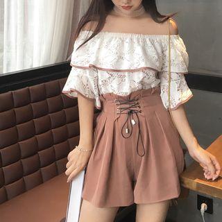Lace Off Shoulder Elbow Sleeve Top / Lace Up Front Wide Leg Shorts
