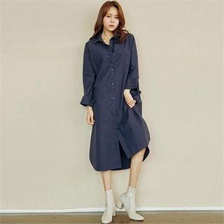 Round-neck Shirtdress Navy Blue - One Size