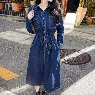 Denim Drawstring-waist Midi A-line Dress