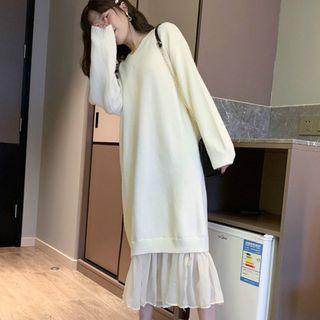 V-neck Panel Knit Dress Beige - One Size