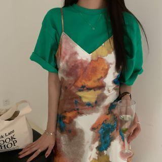 Spaghetti Strap Tie Dye Midi Dress White & Blue & Yellow - One Size