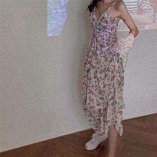Floral Print Spaghetti-strap Maxi A-line Dress White - One Size