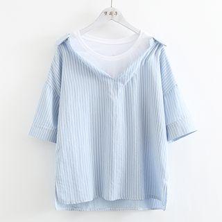 Mock Two-piece Striped Short-sleeve Top