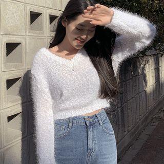 V-neck Furry Nubby Crop Sweater