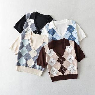 Short Sleeve Collar V-neck Argyle Print Crop Top