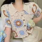 Short-sleeve Crochet Knit Crop Top Blue & Almond - One Size