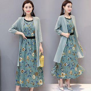 Set: Open Front 3/4-sleeve Jacket + Flower Print Sleeveless Midi A-line Dress