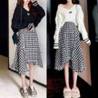 Set: V-neck Cropped Cardigan + Asymmetric Hem Frayed Houndstooth A-line Skirt